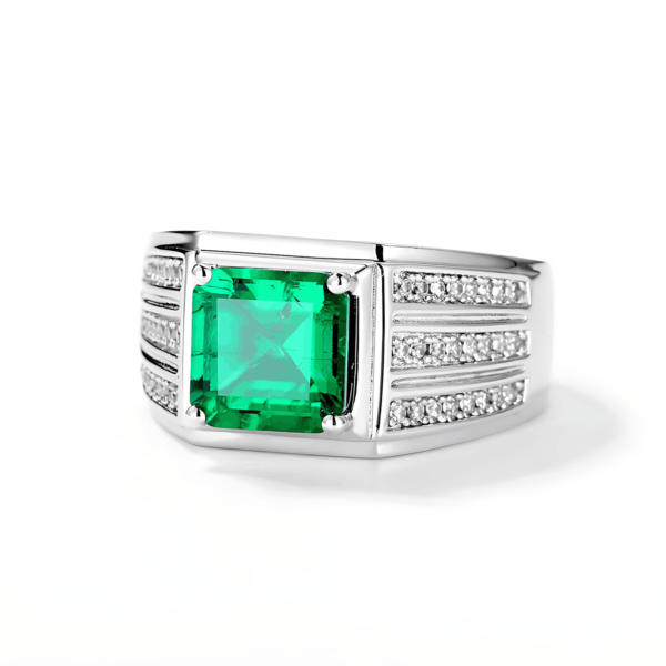 S925 Silver Cultivated Emerald Ring Men's Vintage Noble Style Ring - Image 3
