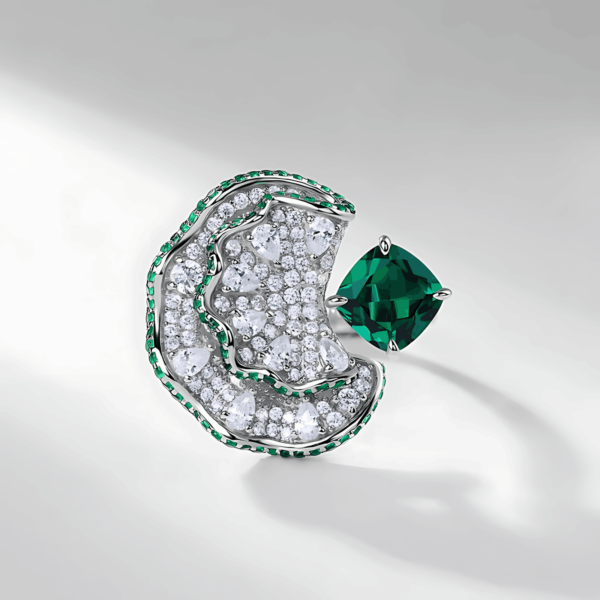 Light Luxury Fan Set Cultivated Emerald Ring S925 Silver with Cultivated Colored Treasure Open Ring Exaggerated - Image 3