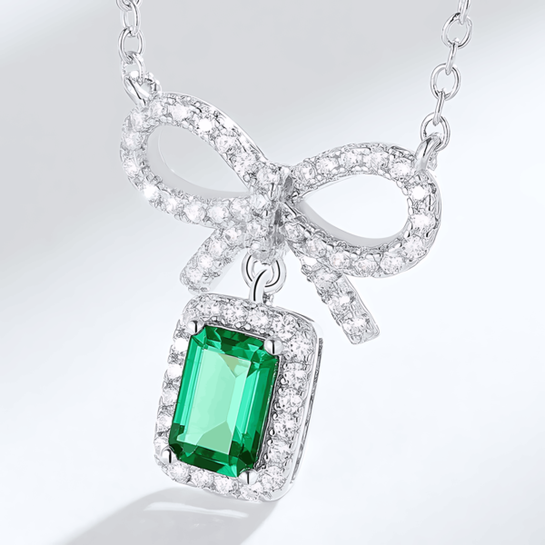 Bow pendant set with cultivated emerald colored gemstone necklace for women - Image 2