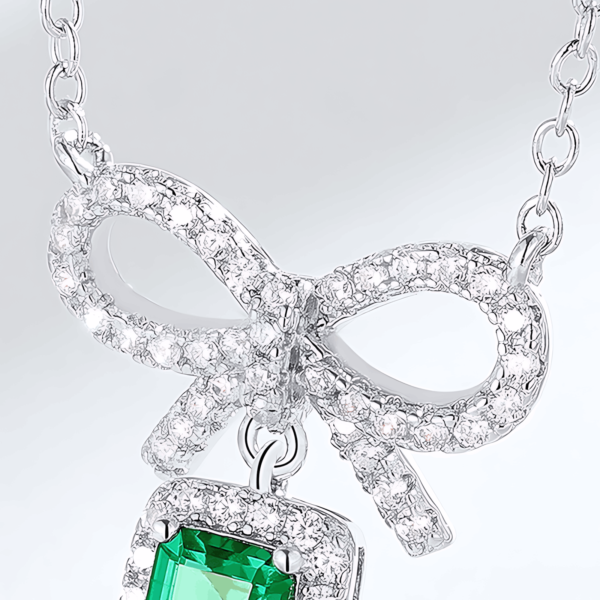 Bow pendant set with cultivated emerald colored gemstone necklace for women - Image 3