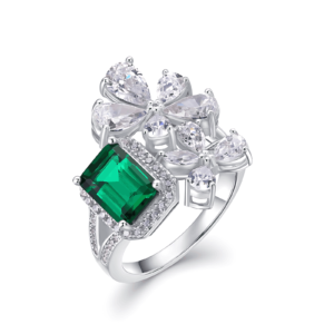 Petal colored gemstone ring S925 silver inlay cultivated emerald vintage finger ring atmosphere light luxury
