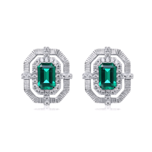 Brushed process fashion earrings S925 silver inlaid octagonal cultivation emerald vintage earrings buckle