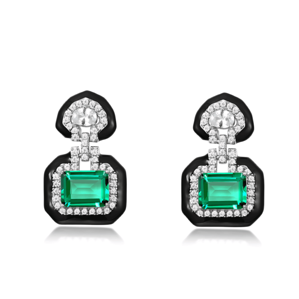 Section geometric cultivation emerald celebrity earrings S925 silver black enamel earrings light luxury fashion versatile