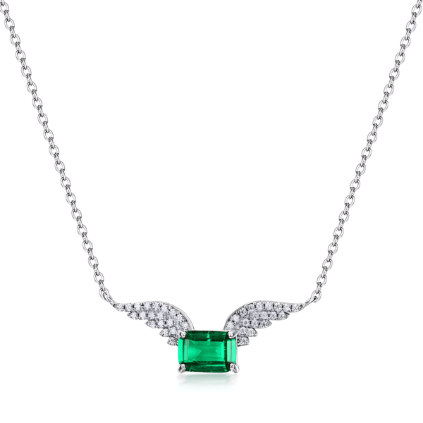S925 Silver Cultivated Emerald Necklace Women's Collarbone Chain Angel Wings Sweater Chain Vintage Style