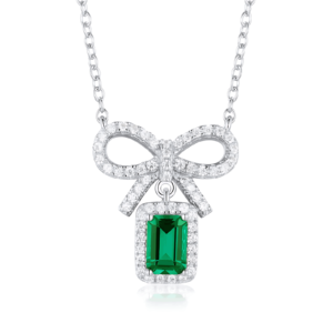 Bow pendant set with cultivated emerald colored gemstone necklace for women