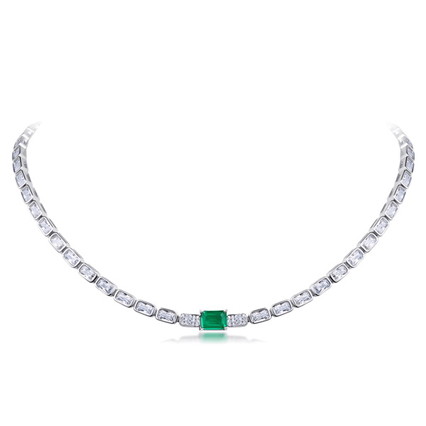 Heavy design cultivated emerald necklace S925 silver full set square diamond colorful treasure collarbone chain wind