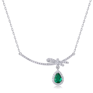 Bow personalized collarbone chain S925 silver inlaid cultivated emerald drop necklace light luxury