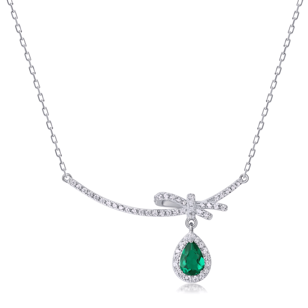 Bow personalized collarbone chain S925 silver inlaid cultivated emerald drop necklace light luxury
