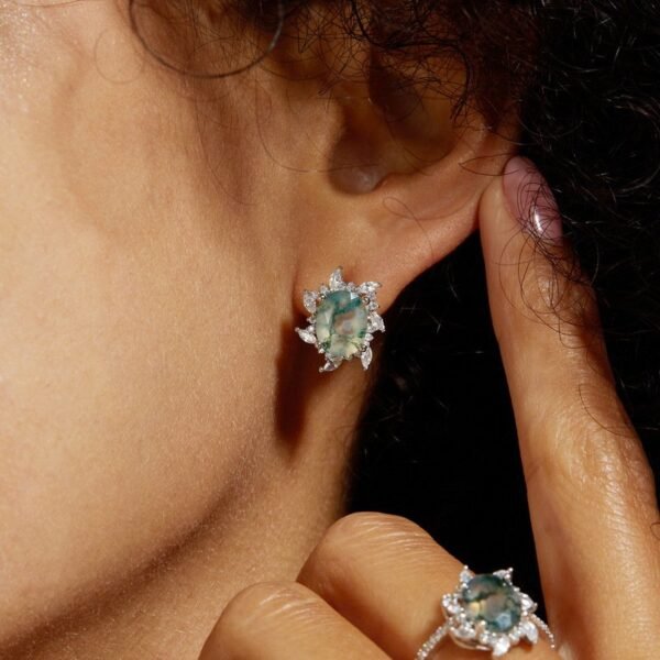 New S925 silver green moss earrings female watercress agate wind fashion with earrings - Image 2