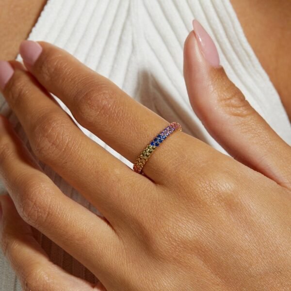 S925 silver plated 10K gold colored zirconia ring women surrounded by colorful gemstone index finger ring pendant two wearing - Image 2