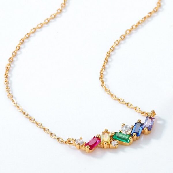 S925 silver plated 10K gold color zirconia necklace summer fresh simple rainbow zirconia collarbone chain - Image 3