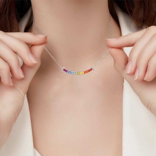 Smile rainbow zirconia necklace female S925 silver with colorful gemstone collarbone chain simple fashion hundred matching - Image 2