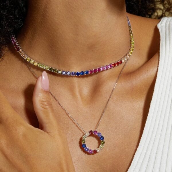 Hot sale with the same rainbow color square color zirconia necklace S925 silver collarbone chain net red male tide retro style - Image 2
