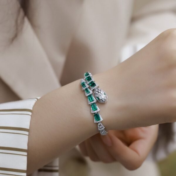 Light Luxury Fashion Snake Bone Bracelet S925 Silver Full Set Cultured Emerald Hand Jewelry Heavy Duty Premium - Image 2