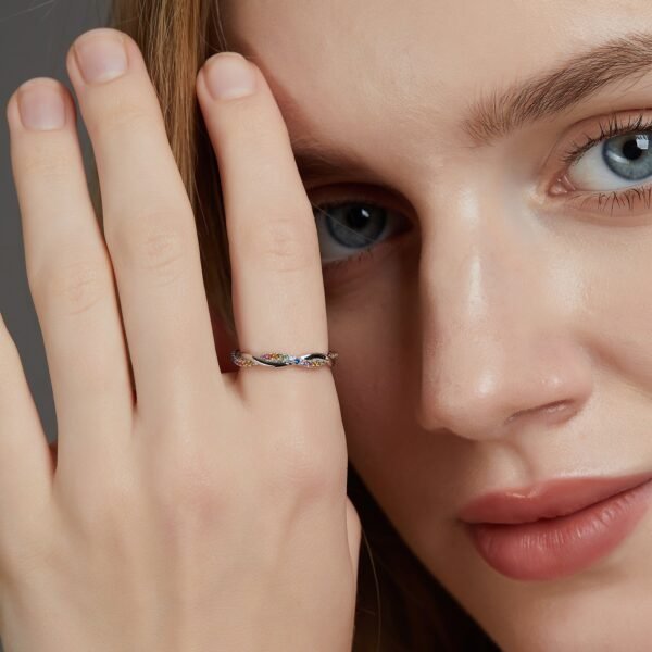 Rainbow twist ring female S925 silver nano color zirconium personalized finger ring light luxury fashion - Image 2