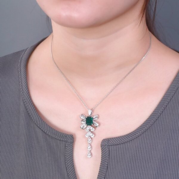Bow Long Cultured Emerald Necklace S925 Silver with Cultured Colored Treasure Light Luxury Chain Breeze - Image 2