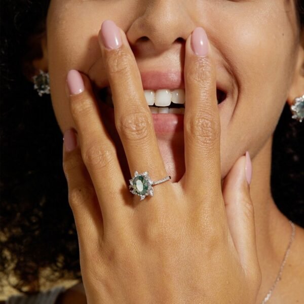 New S925 silver green moss ring women watercress agate finger ring fashion light luxury style - Image 2