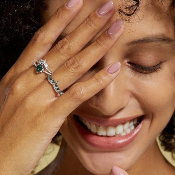 S925 Silver Watercress Agate Ring Pear Shape Green Moss Stacked Finger Ring Light Style - Image 2