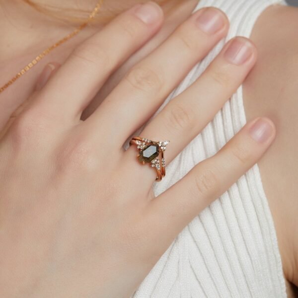 Unique Green Moss Stone Stacking Ring S925 Silver with Geometric Watercress Agate Combo Ring - Image 2