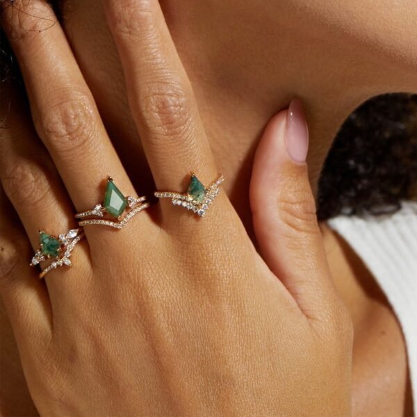 New S925 Silver Green Moss Stone Ring Aqua Agate Finger Ring Fashion Light Luxury Amazon - Image 2
