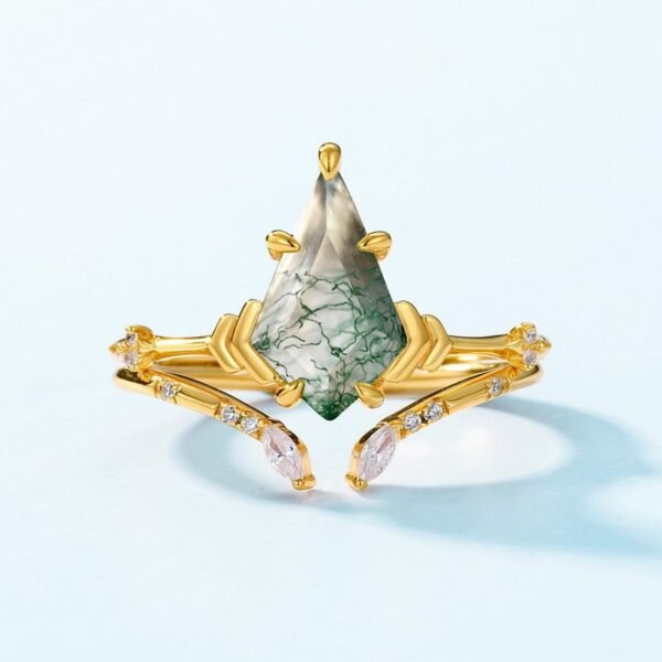 Geometric Natural Watercress Agate Ring S925 Silver with Kite Shaped Green Moss Stacking Ring Fashion - Image 2