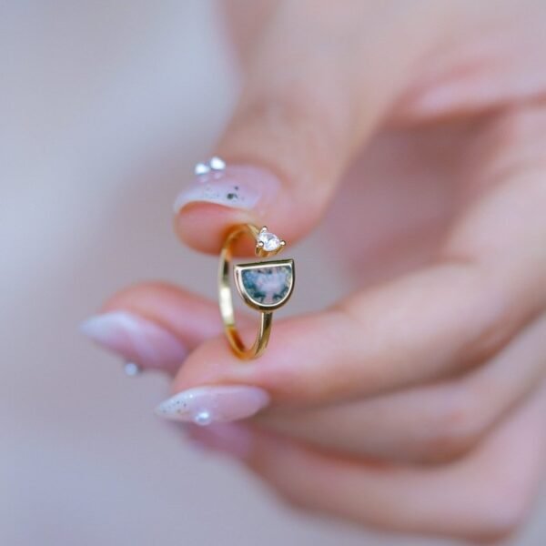 Geometric natural green moss stone ring women S925 silver with watercress agate index ring light luxury - Image 2
