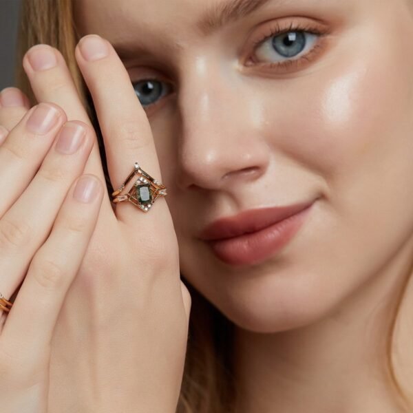 Stacked Natural Green Moss Stone Ring S925 Silver with Watercress Agate Butt Joint Light Luxury Style - Image 2