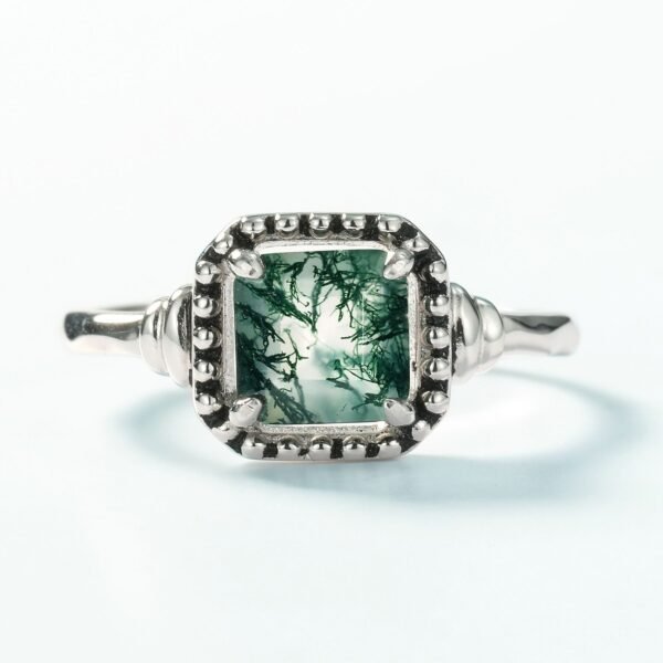 Natural Watercress Agate Vintage Ring S925 Silver Green Moss Geometric Finger Ring Simple Light Luxury - Image 2