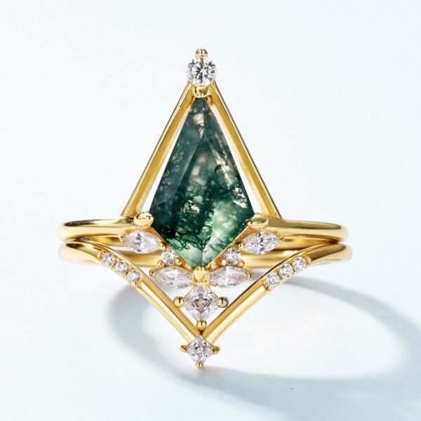 Natural Watercress Agate Combo Ring Children S925 Silver Geometric Green Moss Stone Pair Ring Light Luxury - Image 2