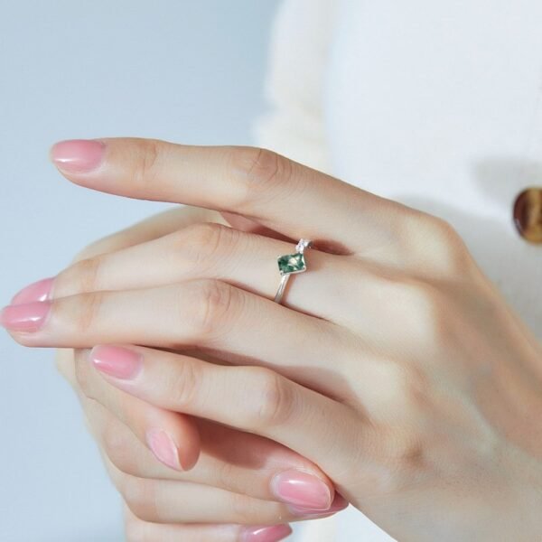 Natural Green Moss Stone Ring S925 Silver Unique Watercress Agate Open Ring Niche Personalized - Image 2