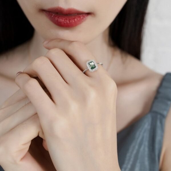 Square natural watercress agate ring S925 silver surrounded by green moss stone open ring fashion customized - Image 2