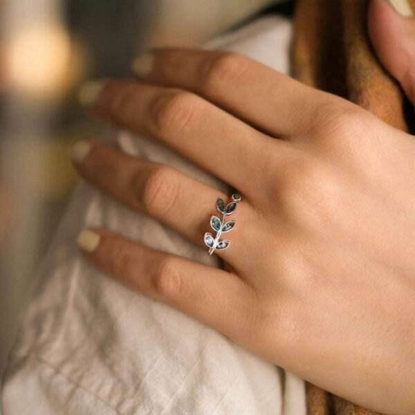 Tree Leaf Natural Watercress Agate Ring S925 Silver Inlaid Green Moss Stone Index Ring Fashion - Image 2