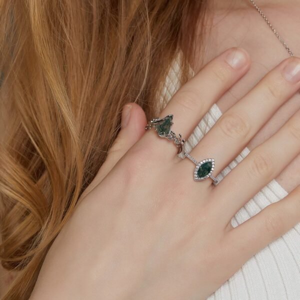 Olive Branch Natural Green Moss Stone Ring S925 Silver with Aqua Agate Geometric Index Ring - Image 2