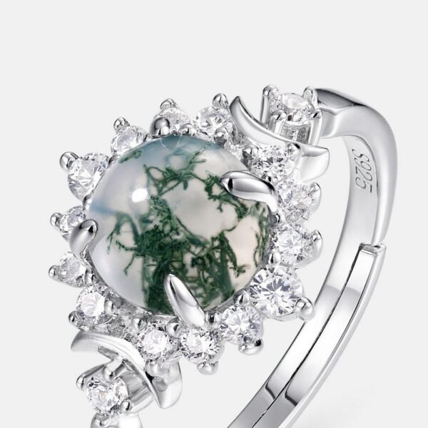 Watercress agate ring green moss full set white zirconium sunflower S925 silver open finger ring wind - Image 2