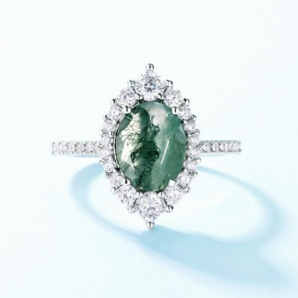 Unique charm watercress agate ring S925 silver green moss fashion finger ring simple atmosphere - Image 2