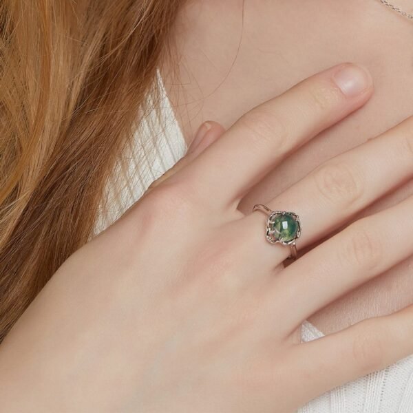 Unique charm green moss ring S925 silver inlaid watercress agate open ring wind fashion - Image 2