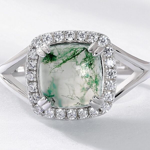Sugar tower shape natural watercress agate ring S925 silver green moss stone hand jewelry simple style - Image 2