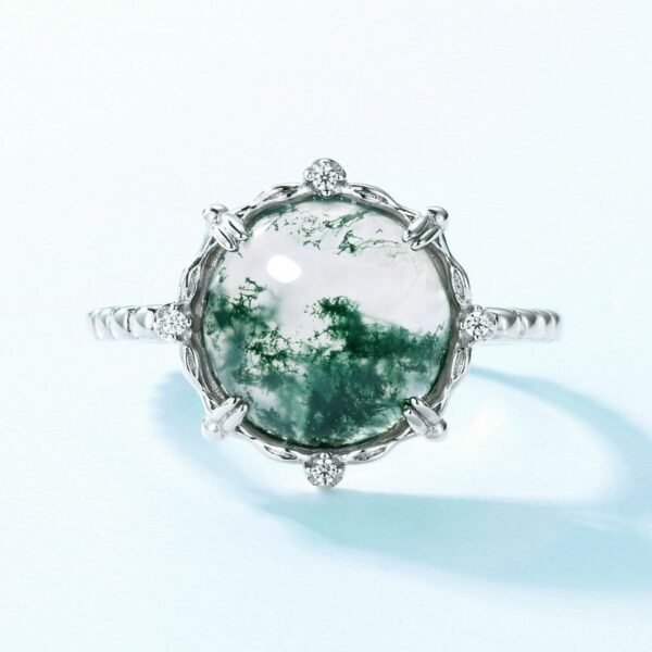 Section personalized charm watercress agate ring S925 silver natural green moss stone fashion finger ring atmosphere - Image 2