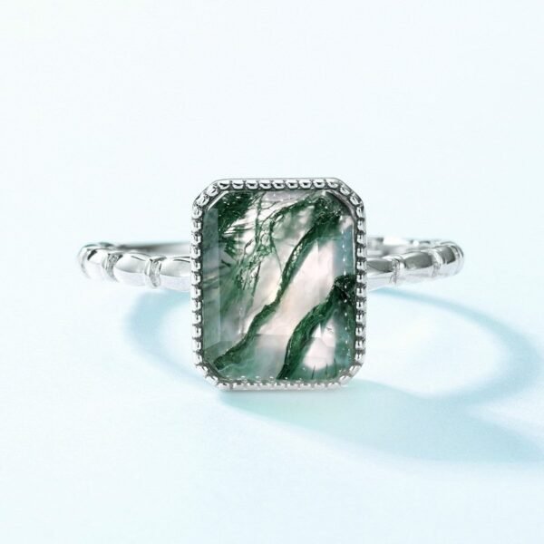 Model atmosphere fashion green moss ring S925 silver inlaid geometric watercress agate open ring light luxury - Image 2