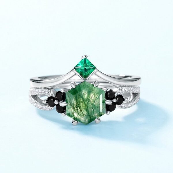 Hot Pick Geometry Natural Watercress Agate Stacking Ring S925 Silver with Green Moss Stone Pair Ring Wind - Image 2