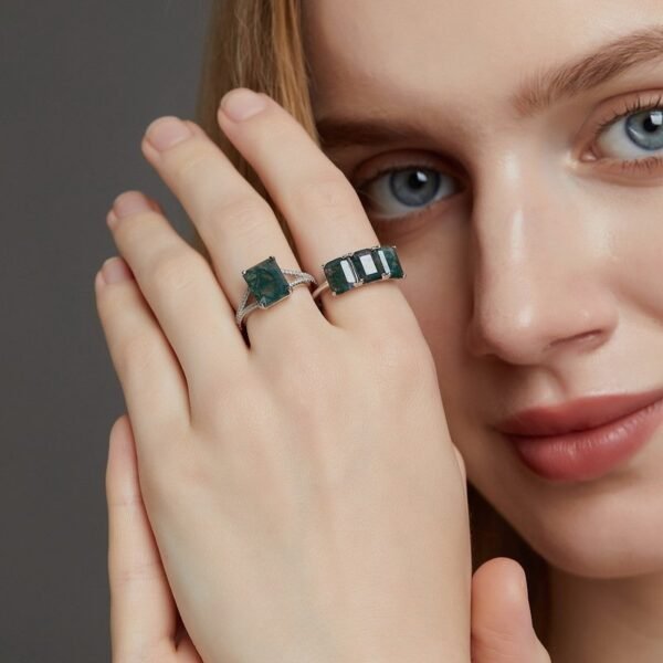Hot Pick Geometry Natural Watercress Agate Ring Women's S925 Silver Green Moss Stone Finger Ring Light and Unique - Image 2