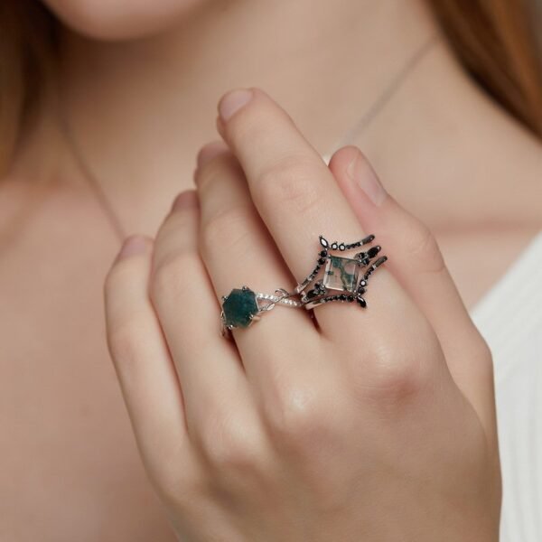 Hot Pick Geometry Natural Watercress Agate Ring Women's S925 Silver Inlaid Unique Green Moss Stone Finger Ring - Image 2