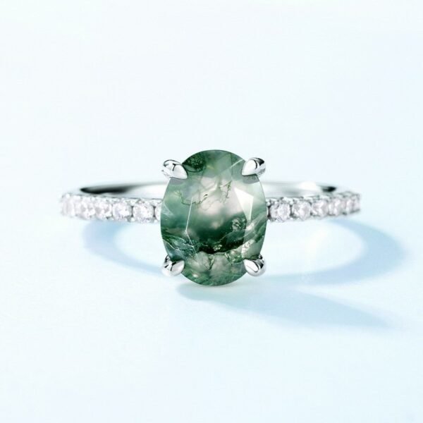 Hot pick simple natural watercress agate ring S925 silver claw inlay green moss light luxury fashion with a variety of - Image 2