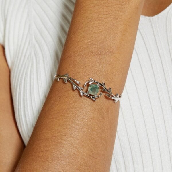 New S925 sterling silver bracelet green moss stone watercress agate open bracelet silver jewelry fashion light luxury - Image 2