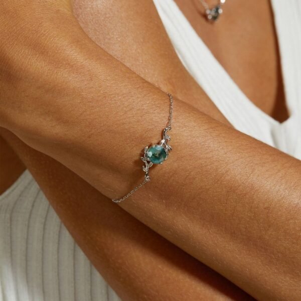 S925 Silver Green Moss Bracelet Natural Watercress Agate Vintage Hand Jewelry Style - Image 2