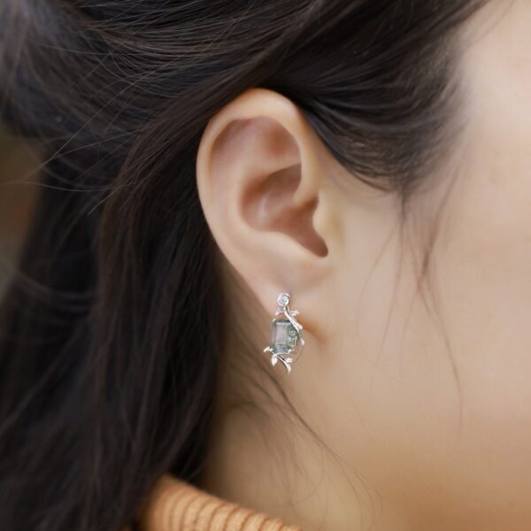 Natural watercress agate two wear earrings S925 silver with green moss earrings fashion customized - Image 2