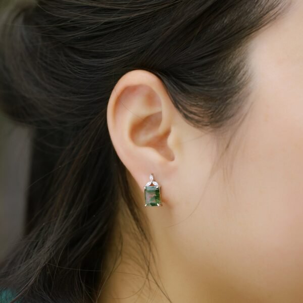 Geometric square natural watercress agate stone earrings female S925 silver with green moss stone earrings customized - Image 2