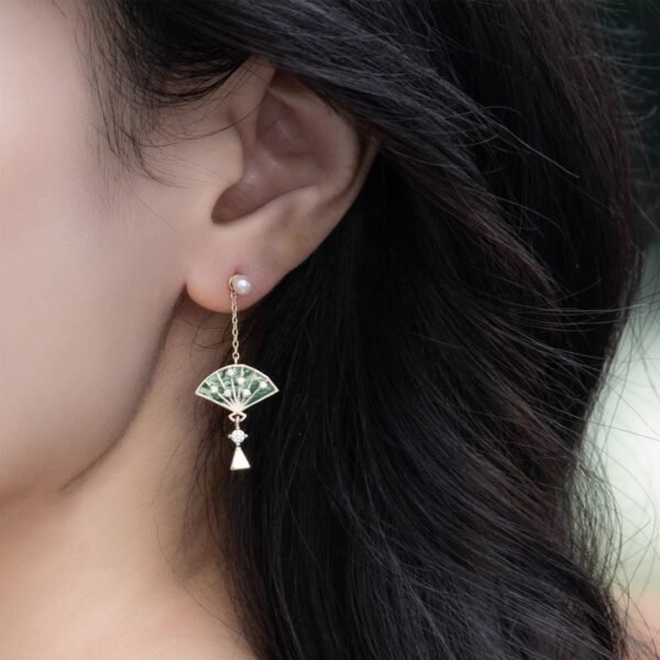 Ancient style small fan green moss earrings female S925 silver natural watercress agate earrings light luxury fashion - Image 2