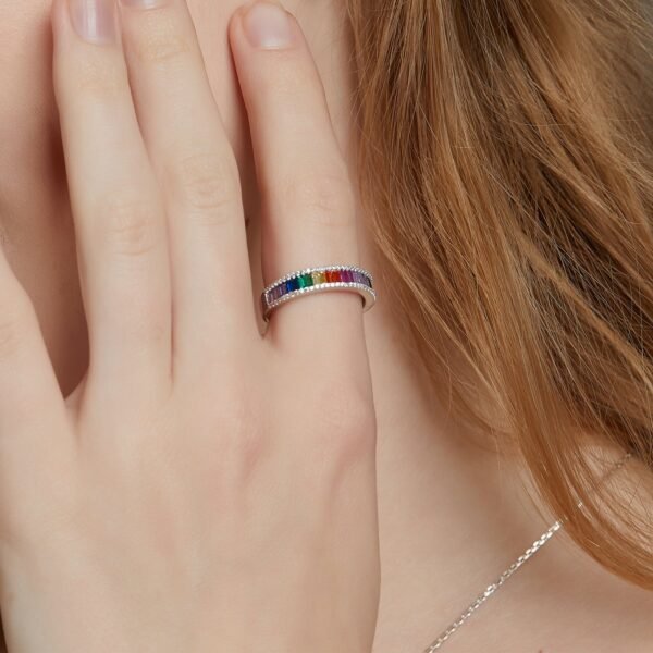 Hot pick dopamine fashion rainbow zirconia ring S925 silver full set colorful treasure finger ring simple and versatile - Image 2