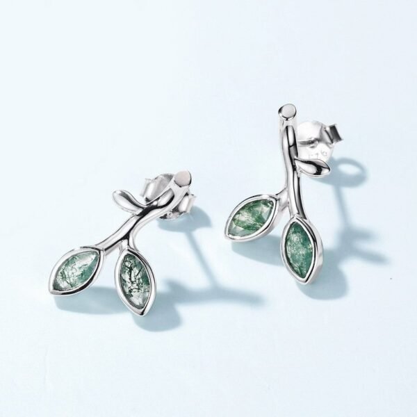 Natural green moss stone olive branch earrings S925 silver inlaid watercress agate earrings fashion - Image 2